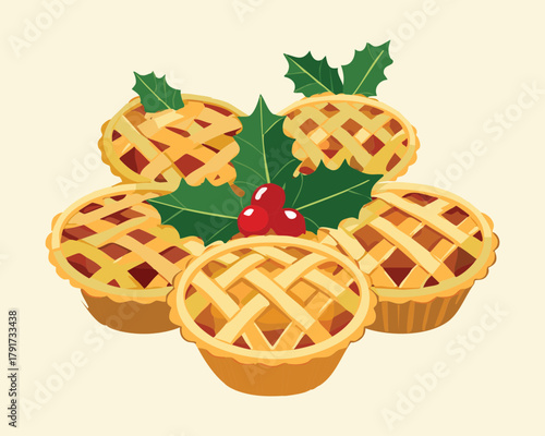 Stack of Festive Mini Mince Pies Decorated with Holly Leaves and Red Berries for a Traditional Dessert - Vector Illustration