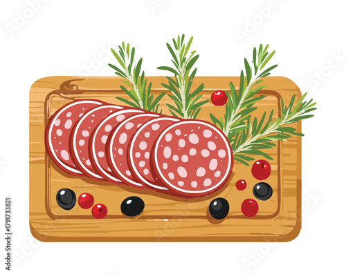 Round Slices of Cured Salami or Sausage Served on a Wooden Platter with Rosemary, Olives, and Berries - Vector Illustration