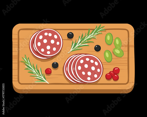 Elegant Charcuterie Board with Sliced Salami, Olives, and Rosemary Sprigs on a Wooden Platter for Entertaining - Vector Illustration
