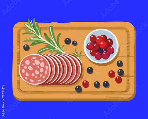 Charcuterie Board with Sliced Salami or Sausage, Olives, Cranberries, and Rosemary Sprigs for Appetizers - Vector Illustration