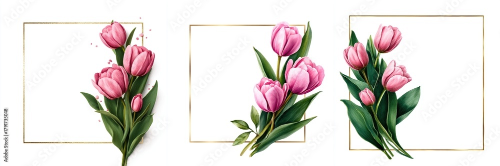 Fototapeta premium Elegant Pink Tulip Floral Arrangements with Golden Frames on White Background