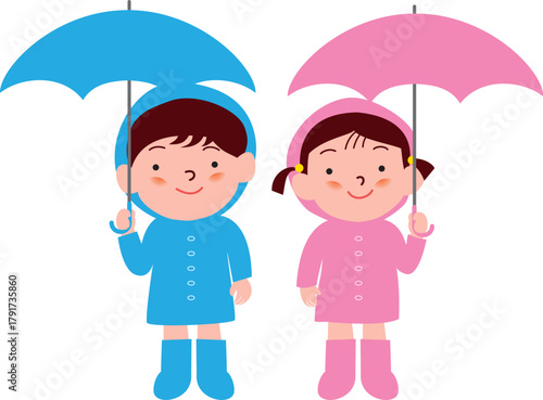 傘をさすレインコートの男の子と女の子
