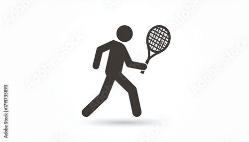 A stick figure playing tennis against a plain white background, holding a racket and leaning into a forehand swing