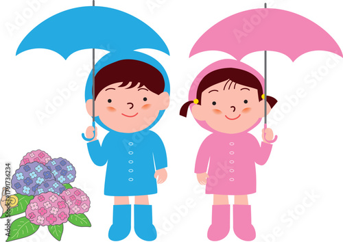 傘をさすレインコートの男の子と女の子と紫陽花
