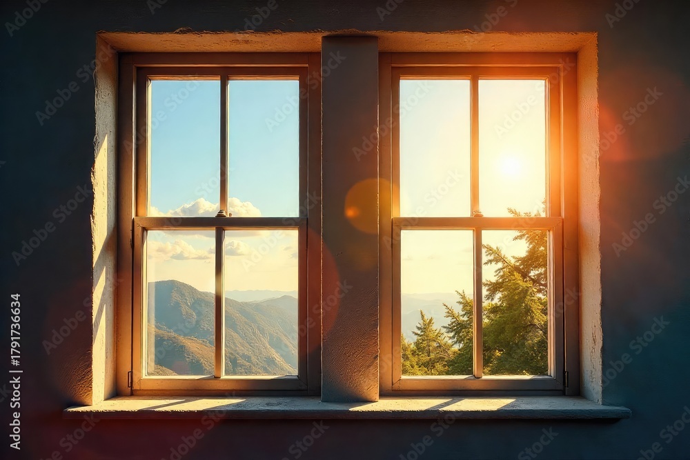 Fototapeta premium Two windows, one open, one closed, symbolizing collaboration and shared goals; sunlight streams through the open window, illuminating the scene , partnership, bright