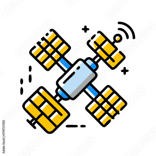Cartoon space station with modules and antennas on black