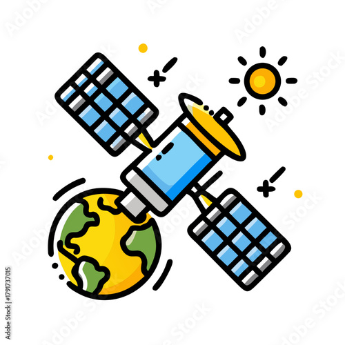 Cartoon Satellite orbiting Earth with solar panels in space