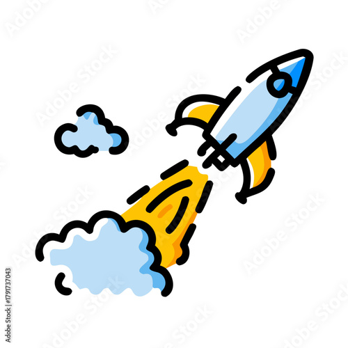 Cartoon Rocket with flame and smoke launching into the sky
