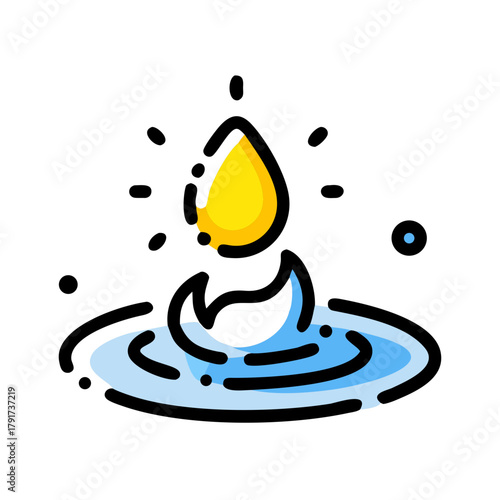 Cartoon Yellow Water Drop Creating Splash and Ripples