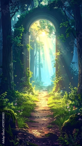 Fototapeta Naklejka Na Ścianę i Meble -  A stone archway frames a sunlit forest path. Green foliage and tall trees create a mystical, enchanting scene