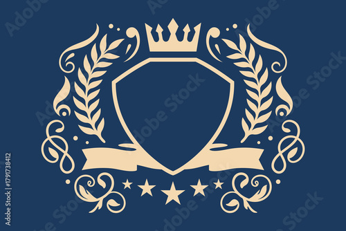 Vintage heraldic shield and crown with laurel wreath, ribbon, and decorative elements.