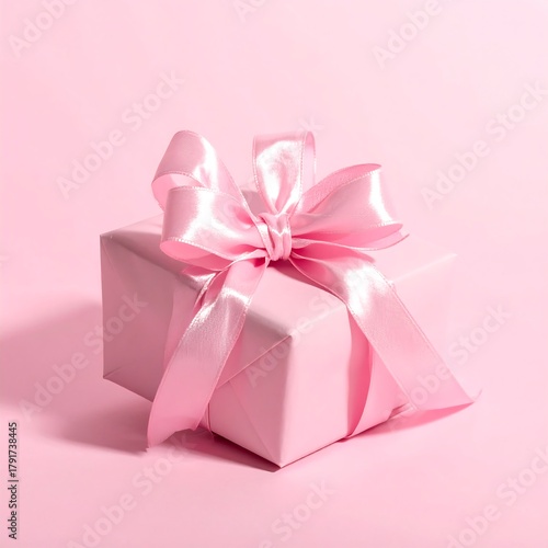 A neatly wrapped pink gift box with a silk ribbon bow on a matching pink background, casting a soft shadow