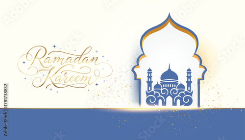 Ramadan kareem text, islamic arch, mosque silhouette, arabesque decoration, golden glitters