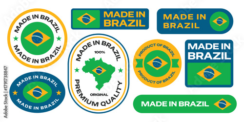 Made in brazil text stickers, emblems, badges, and logos collection for product.