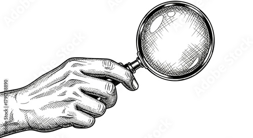 Detailed Hand Holding Magnifying Glass Vintage Sketch Illustration