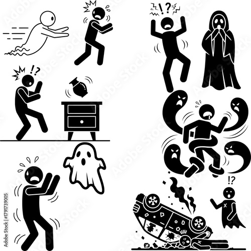 Fear Horror Ghost Scary Accident Stick Figure Icon Set