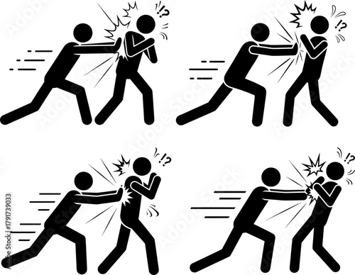 Men Fighting Punching Conflict Aggression Stick Figure Icon Set