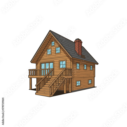 Cozy wooden log cabin illustration. A-frame house, balcony, outdoor stairs, chimney, perfect for vacation or resort themes.