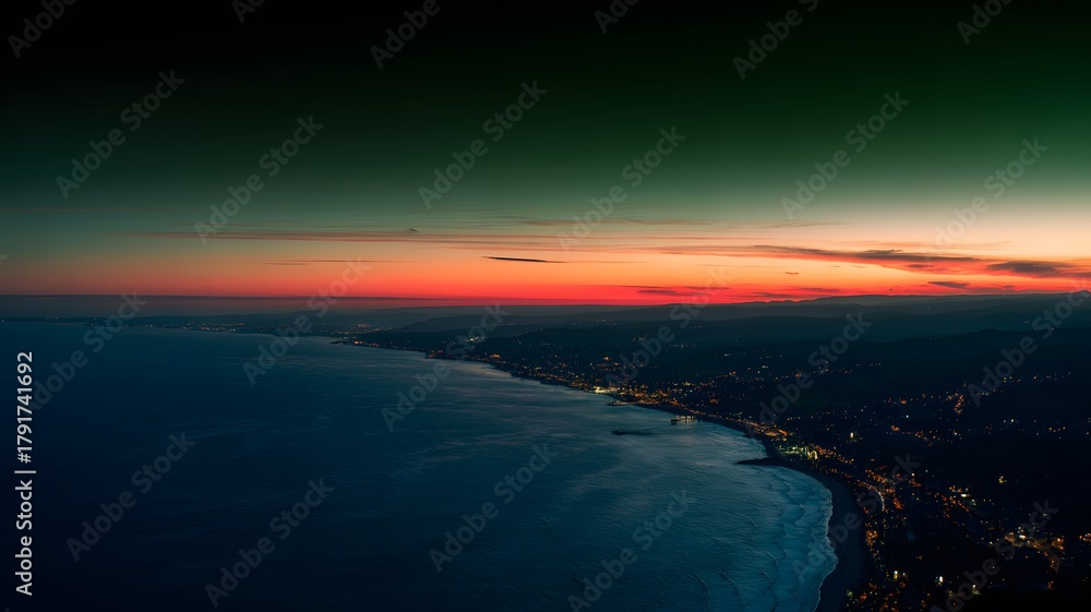 Fototapeta premium Dramatic aerial photograph of a sprawling urban coastline glowing after sunset
