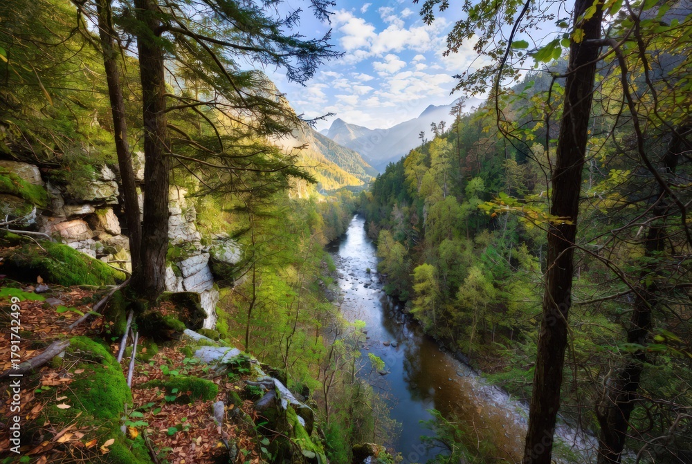 Obraz premium Stunning view of mountains rising above dense green forests. Serene nature scenery reflecting freshness, tranquility, and the majestic beauty of the wilderness in bright natural light.