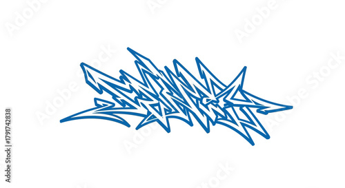 Blue graffiti art on a white background, featuring sharp lines and abstract shapes.
