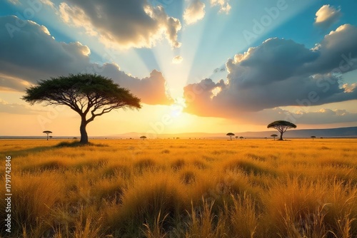 Vast, open African savanna under a dramatic sky Golden grasses stretch to the horizon, punctuated by acacia trees A feeling of untamed wilderness and raw beauty , hot, view, steppe
