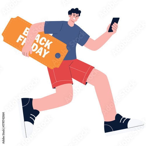 Black Friday Illustration. Vector illustration of Man runs with Black Friday tag and phone for online deals. Isolated on background
