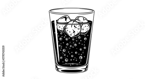 Illustration of a glass filled with a dark beverage and ice cubes, isolated on a white background.