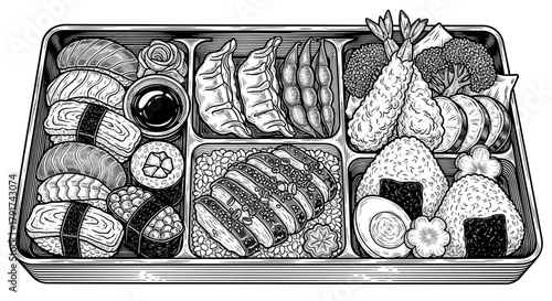 Bento box illustration with sushi, dumplings, tempura, chicken, rice, and other Japanese food items.