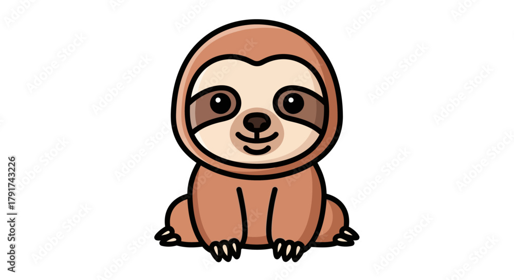 Naklejka premium Cartoon illustration of a cute, brown sloth sitting upright with a smiling expression.