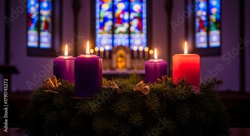 Advent Sunday Candles Wreath Lit in Church Celebrating Hope & Christmas Season Tradition