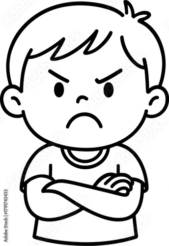 Cartoon boy with angry expression and arms crossed illustration