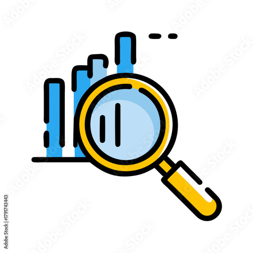 Magnifying glass examining a vibrant bar chart illustration