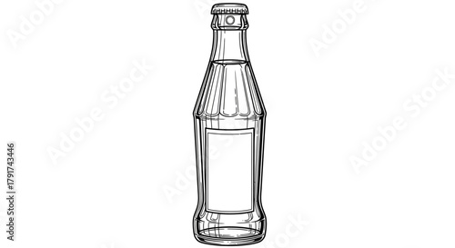 A detailed line drawing of a glass bottle with a label and cap, isolated on a white background.