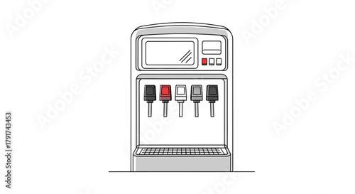 A detailed illustration of a soda fountain machine, ready to dispense beverages.