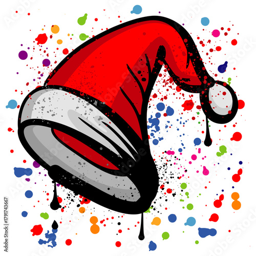 Santa Claus hat graffiti with colorful grunge paint splatters
