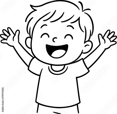 Joyful cartoon boy with arms raised in excitement