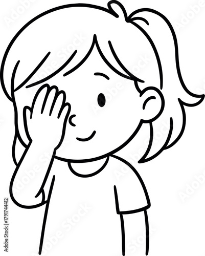 Child s hand covering one eye in simple line drawing style