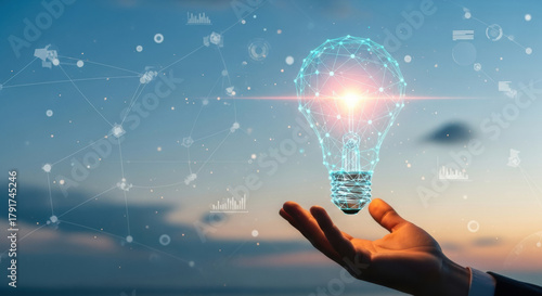Innovation technology idea creativity digital network futuristic glowing lightbulb hand concept inspiration imagination business solution connection abstract modern success energy hope progress