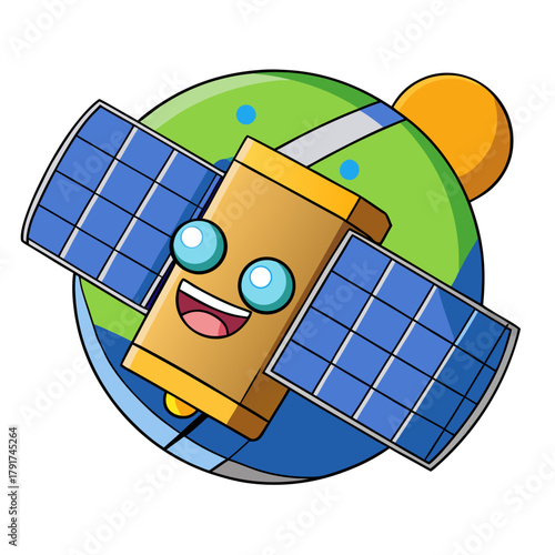 Cartoon Satellite with Solar Panels Orbiting the Earth