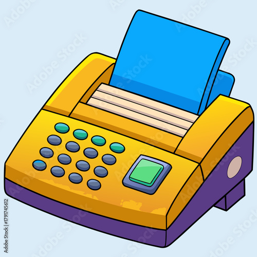 Cartoon Fax Machine with Paper Printing Output Displaying Information