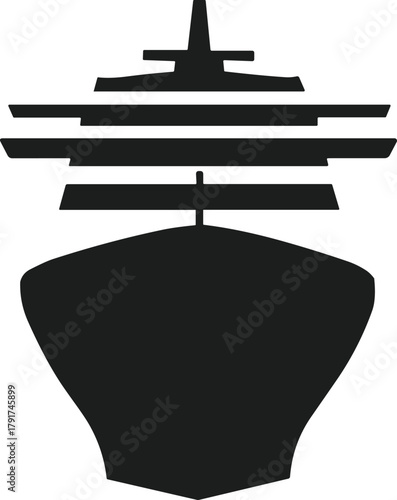 Black silhouette of a cruise ship with multiple decks and a central mast