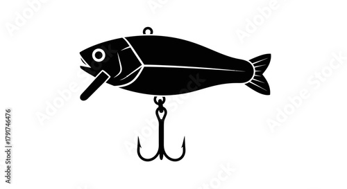 A black silhouette of a fishing lure shaped like a fish with a hook attached.
