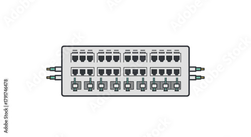 Illustration of a multi-port patch panel with various network and audio connectors, including RJ-45 and 3.5mm jacks, for signal distribution.