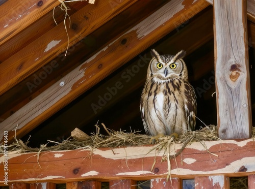 Barn Owl Perched in Rustic Wooden Loft with Hay Nest
