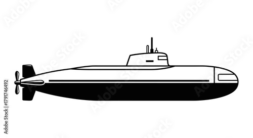 Illustration of a submarine with a propeller and a conning tower on a white background.