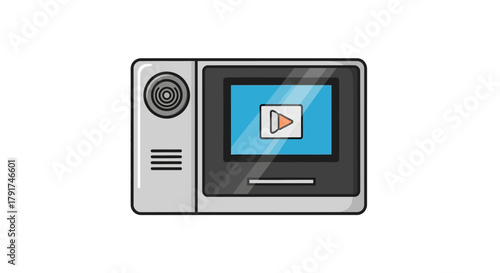 A detailed illustration of a digital video recorder with a screen displaying a play button.