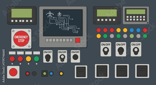 Vector illustration of a complex industrial machine control panel with buttons, switches, and screens.