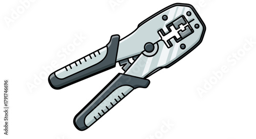 A detailed illustration of a network cable crimping tool with ergonomic handles for secure connections.