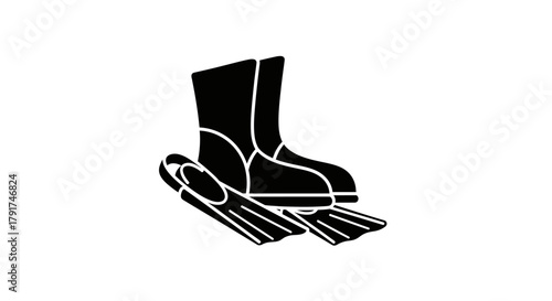 A black silhouette icon of scuba diving equipment, including a pair of boots and fins, on a white background.